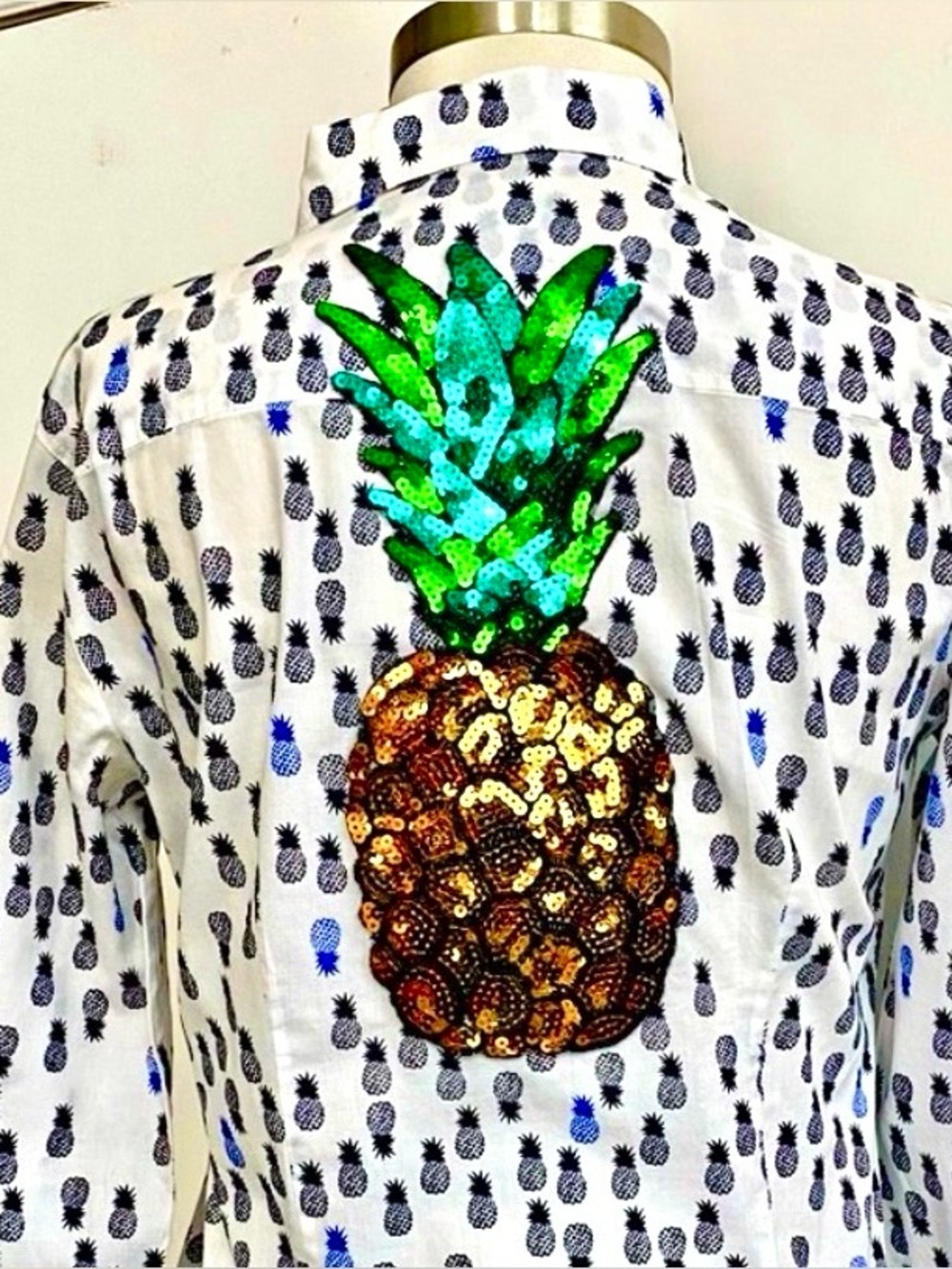 J Crew Pineapple blouse top with large sequin pineapple patch. White/blue/black